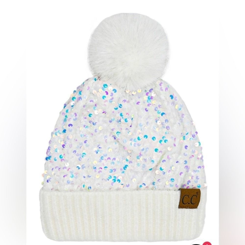 C.C Winter White Aqua Sequin Beanie with Pom-Pom Women One Size NWT